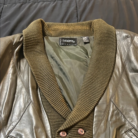Olive Green Leather Jacket and Pants Set - Picture 5 of 10